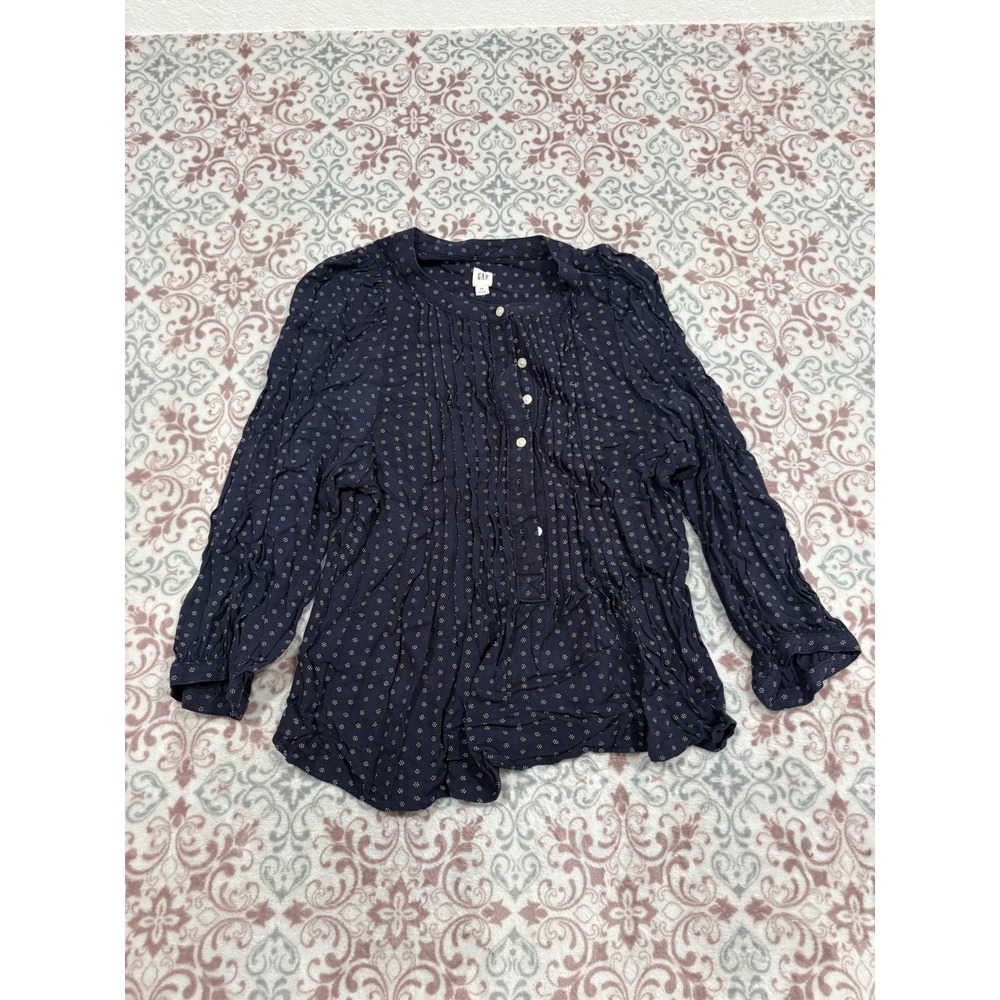GAP Navy Blue Polka Dot Pleated Button Front Long Sleeve Blouse XS